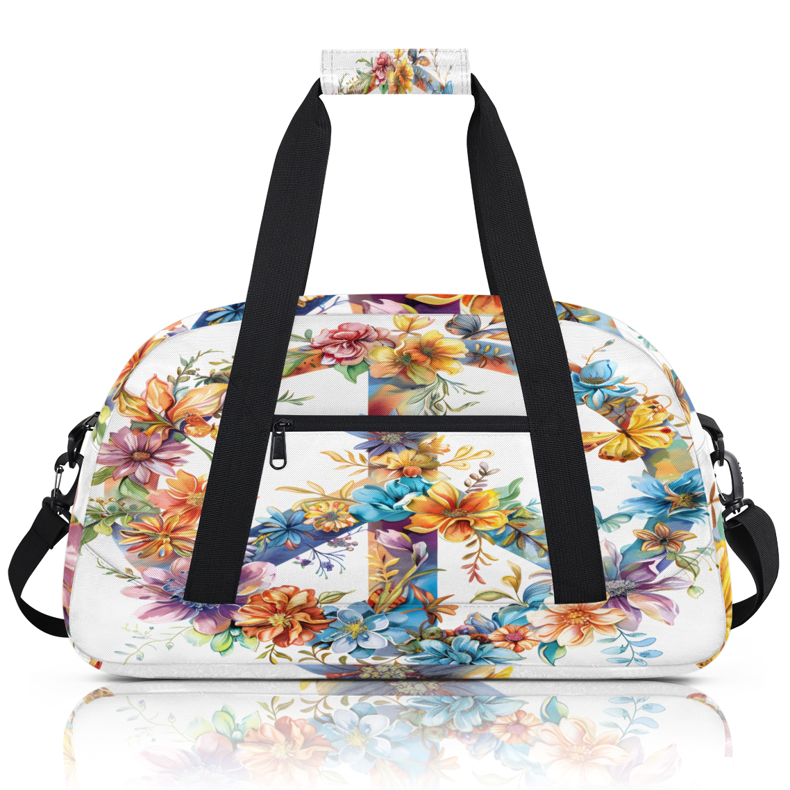 Herdesigns Hippie Flowers Sports Duffle Bag for Women & Men, Peace Sign Gym Bag Dance Bag Overnight Bag Carry On Weekender Travel Bag