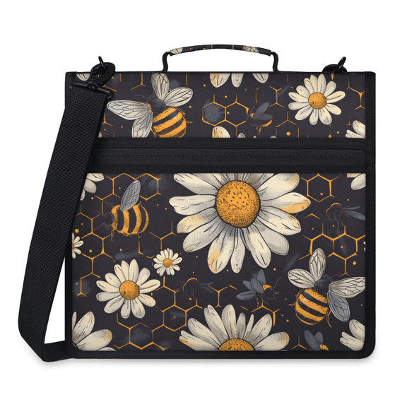 Herdesigns Honey Bumble Bee Zipper Binder 1.5 Inch 3 D-Rings with Shoulder Strap & Handle, Waterproof Daisy Floral Bee Binder Organizer Bag for 13 Inch Laptop
