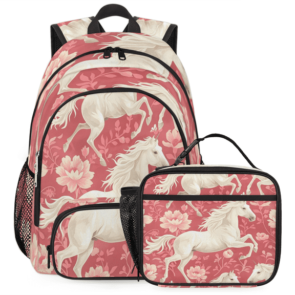 Herdesigns Horse Backpack with Lunch Box Florals Animals Rustic Lightweight Large Travel Work Laptop Backpacks Set Casual Daypacks