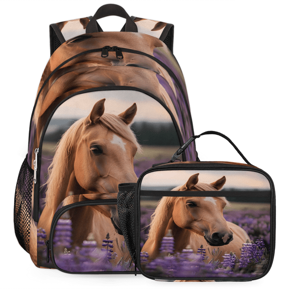 Herdesigns Horse Floral Large Backpack Set with Lunch Box Lightweight Water Resistant Travel Laptop Backpacks Casual Daypacks for Women Men