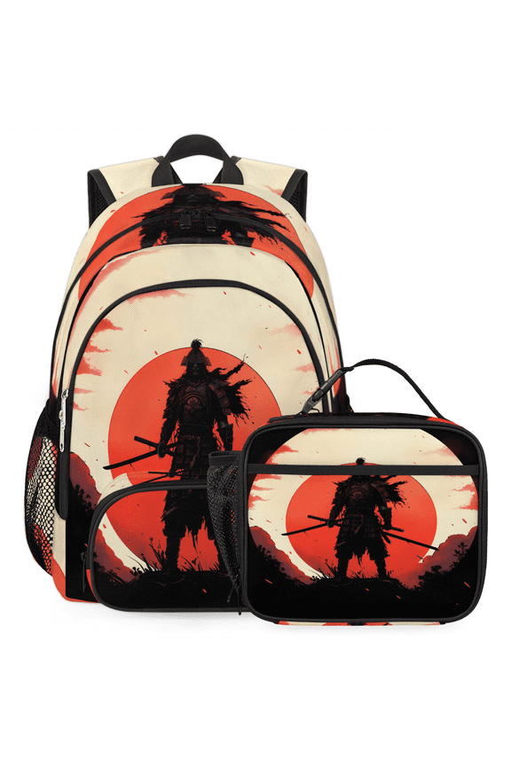 Japanese Samurai Backpack with Lunch Box Japan Themed Lightweight Large Travel Work Laptop Backpacks Set Casual Daypacks