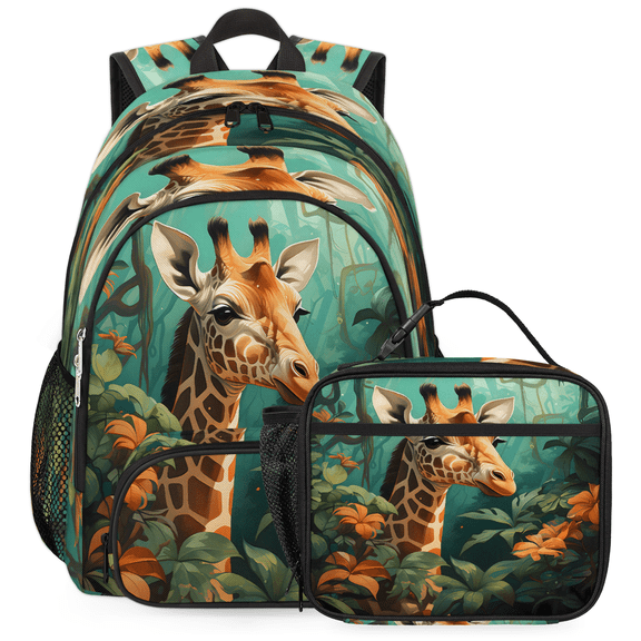 Herdesigns Jungle Animal Giraffe Large Backpack Set with Lunch Box Lightweight Water Resistant Travel Laptop Backpacks Casual Daypacks for Women Men