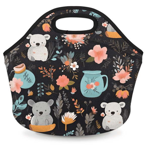 Herdesigns Koala Neoprene Lunch Bag, Flower Koala Insulated Lunch Box for Women Men Washable Lunch Tote Soft Lunch Container With Zipper for Work Picnic Travel