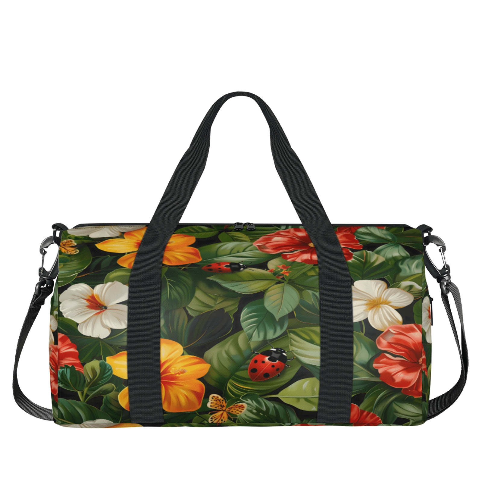 Herdesigns Ladybugs Tropical Floral Leaf Gym Bag for Women, Duffle Bag for Travel Sport, Lightweight Waterproof Carry on Weekender Overnight Dance Yoga Workout Bags