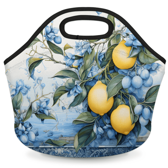 Herdesigns Lemon Fruit Neoprene Lunch Bag, Lemon Plant Leaves Insulated Lunch Box for Women Men Washable Lunch Tote Soft Lunch Container With Zipper for Work Picnic Travel
