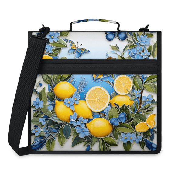 Herdesigns Lemon Zipper Binder 1.5 Inch 3 D-Rings with Shoulder Strap & Handle, Waterproof Fruit Lemon Pattern Binder Organizer Bag for 13 Inch Laptop