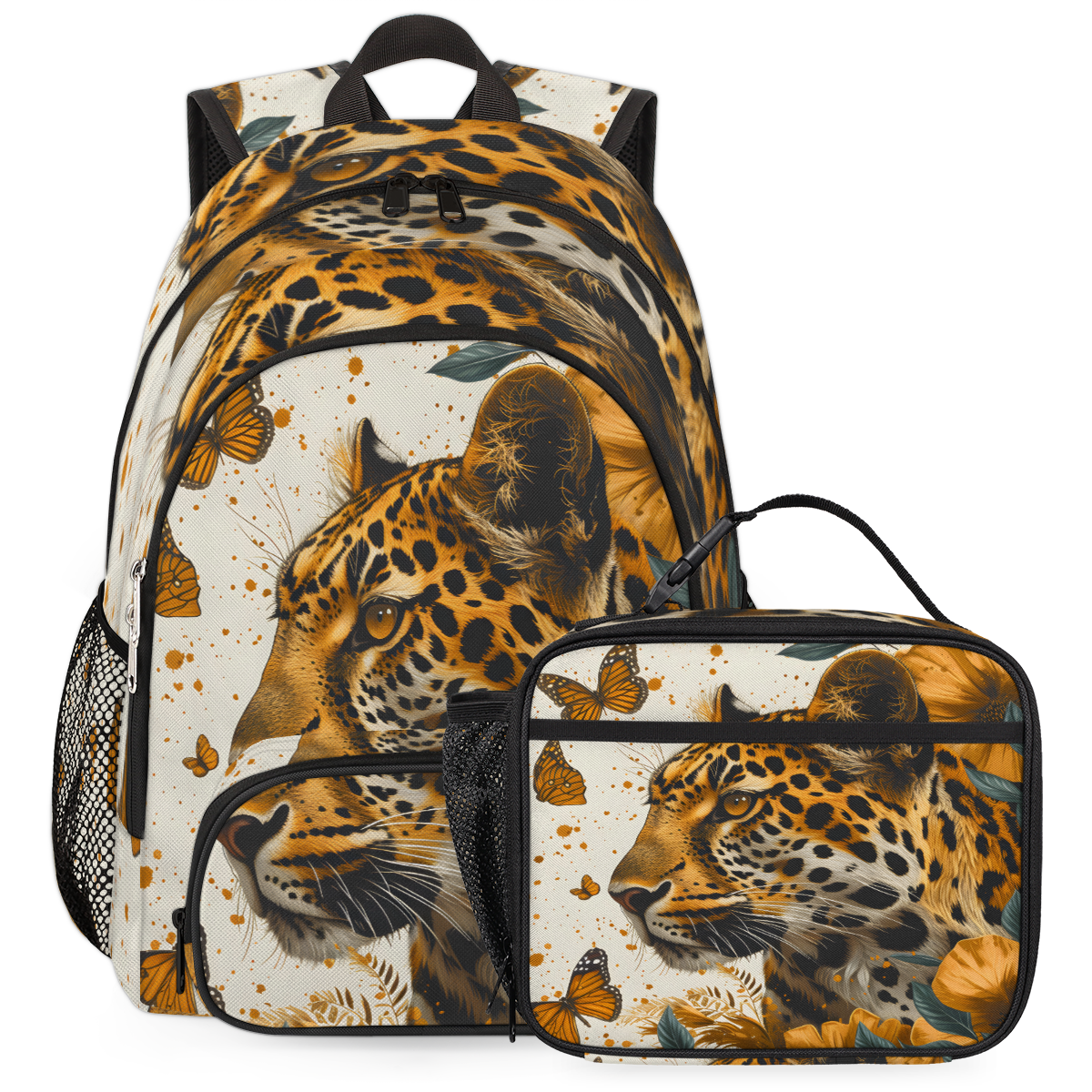 Herdesigns Leopard Backpack with Lunch Box Butterfly Leopard Print Lightweight Large Travel Work Laptop Backpacks Set Casual Daypacks