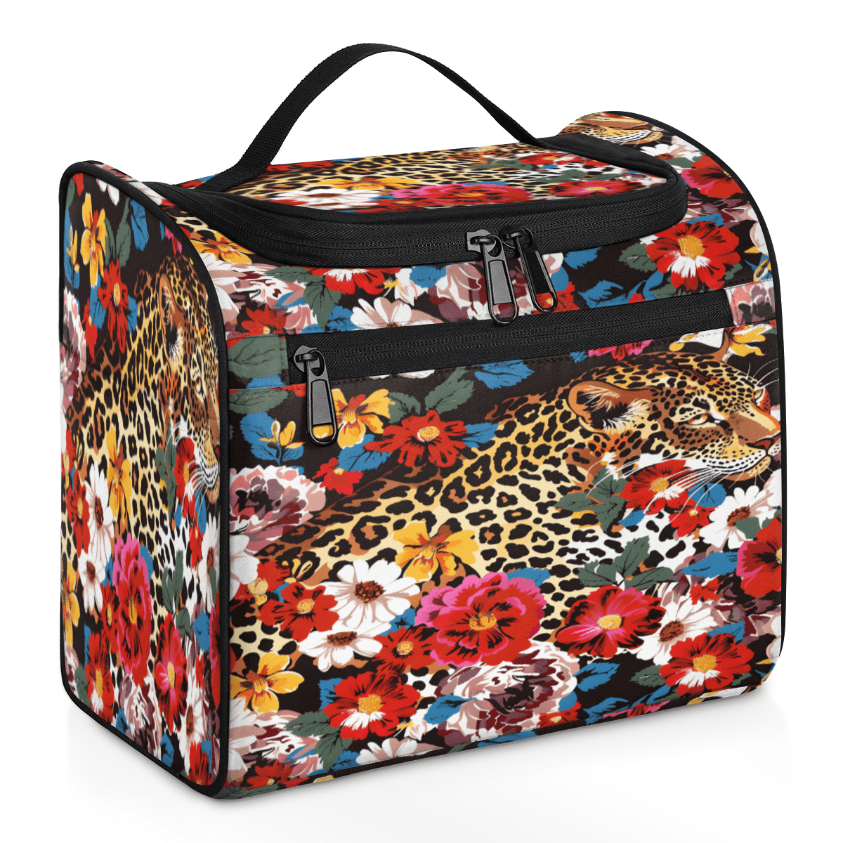 Herdesigns Leopard Cheetah Flower Toiletry Bag for Women, Travel Makeup Bag, Waterproof Hanging Cosmetic Organizer for Toiletries & Makeup Essentials