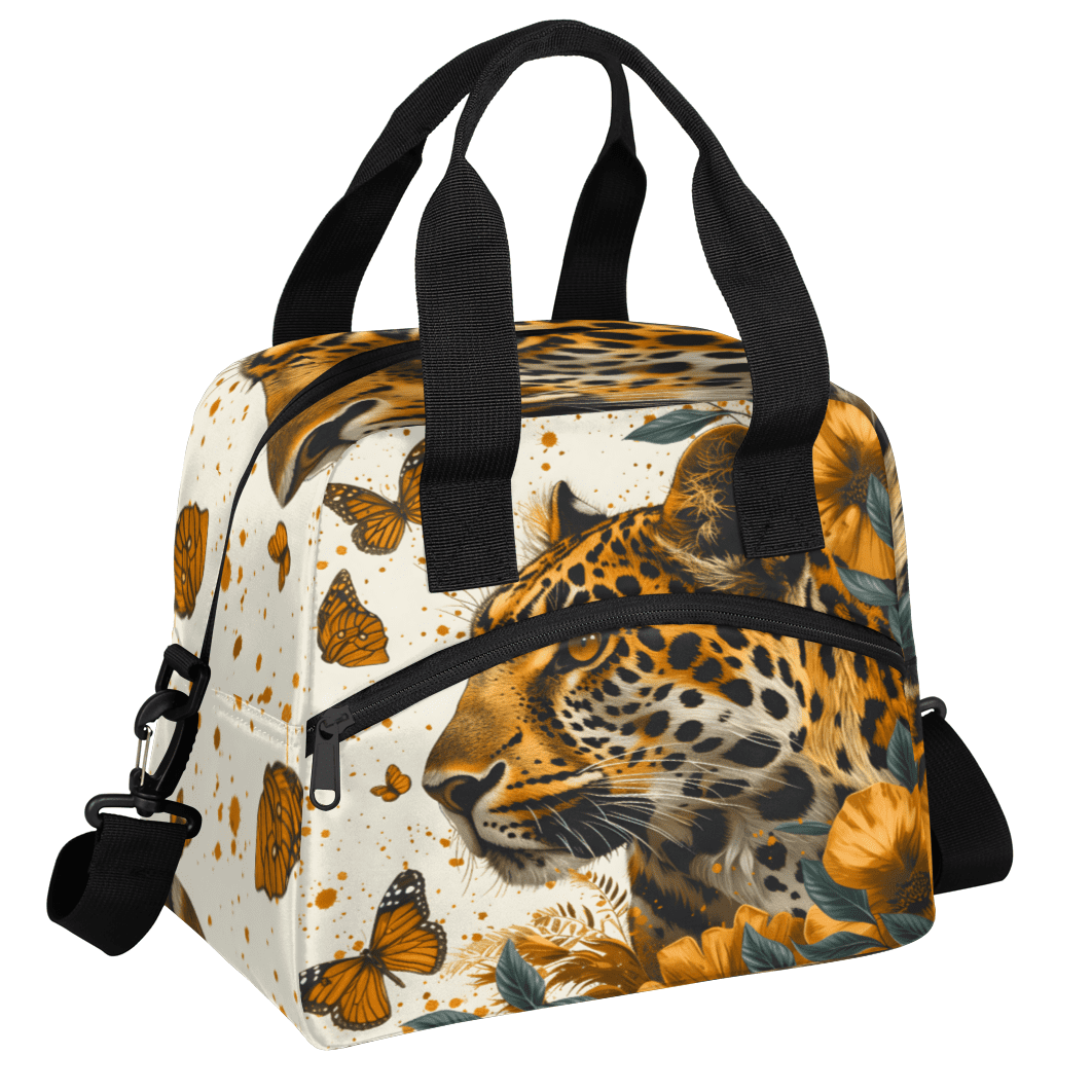 Herdesigns Leopard Insulated Lunch Bag for Women Men Adults Large Reusable Lunch Box Butterfly Leopard Print Leakproof Cooler Tote Bags with Adjustable Shoulder Strap