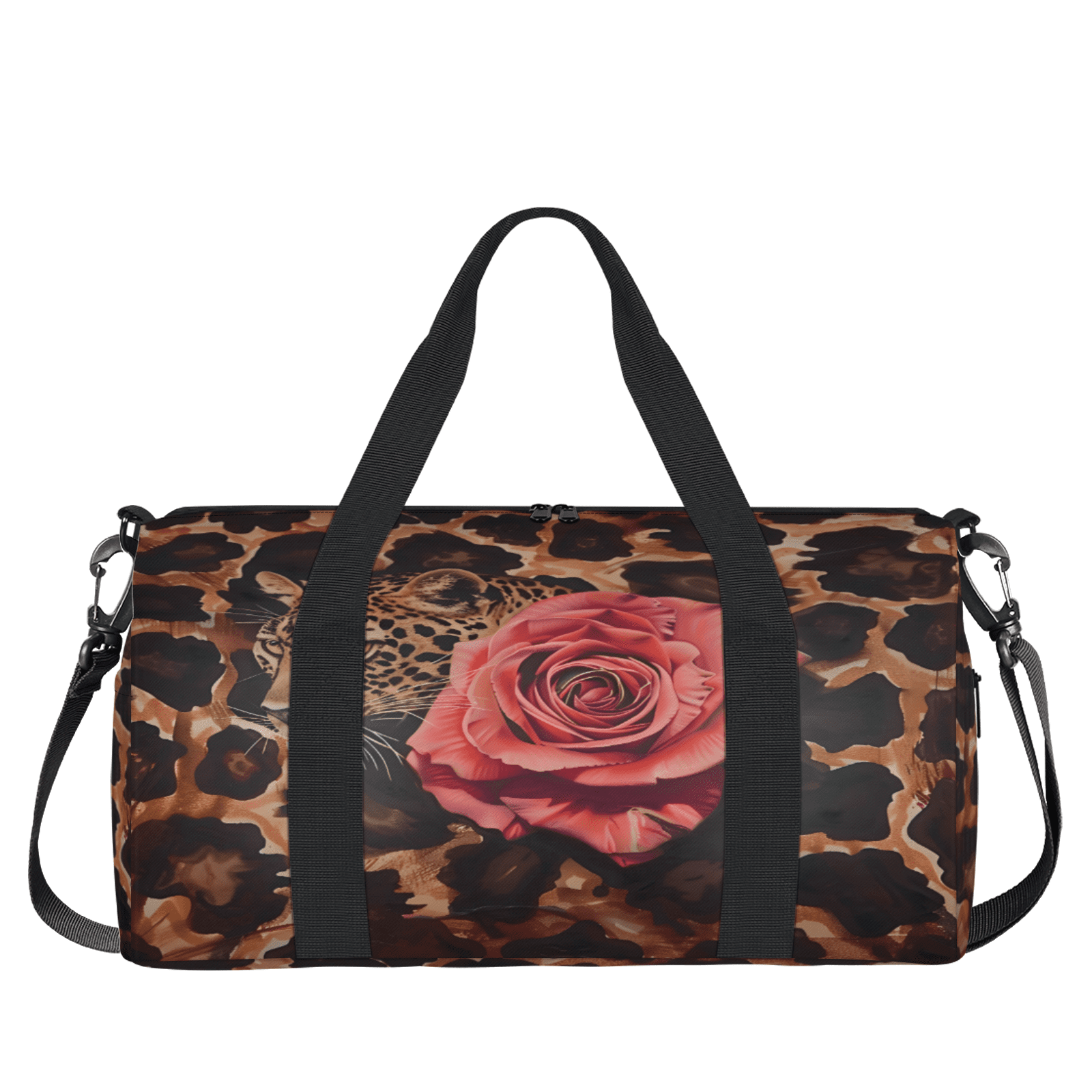 Herdesigns Leopard Print Rose Gym Bag for Women, Duffle Bag for Travel Sport, Lightweight Waterproof Carry on Weekender Overnight Dance Yoga Workout Bags