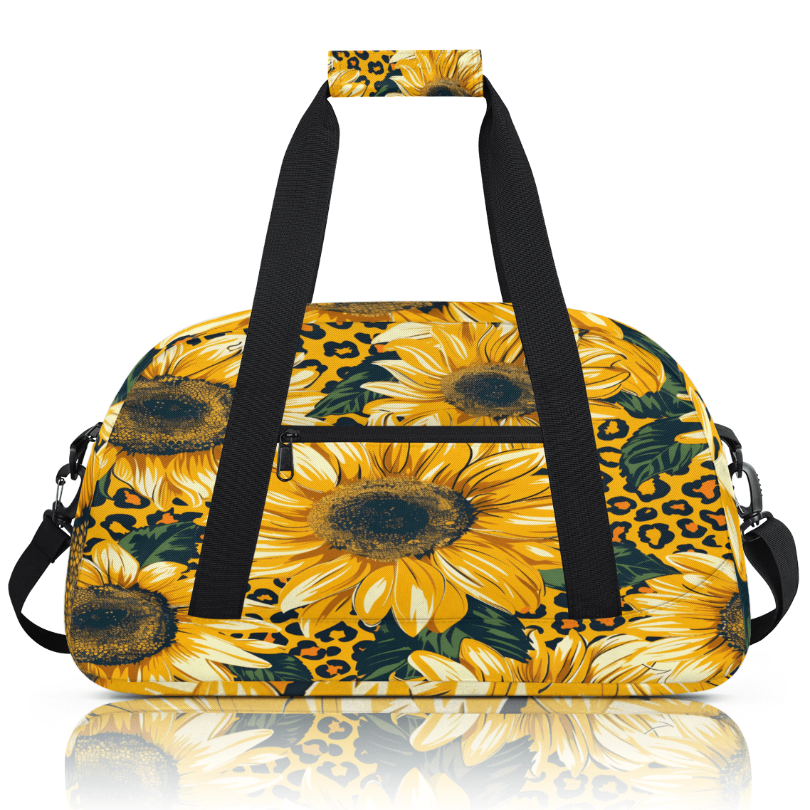 Herdesigns Leopard Print Sunflower Sports Duffle Bag for Women & Men, Floral Print Gym Bag Dance Bag Overnight Bag Carry On Weekender Travel Bag