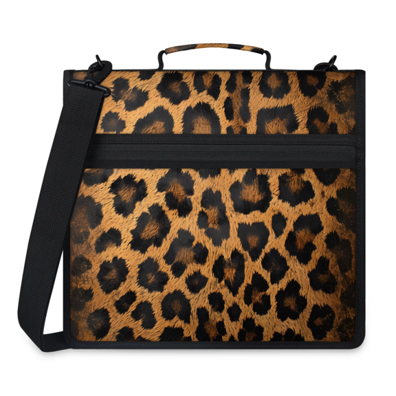 Herdesigns Leopard Print Zipper Binder 1.5 Inch 3 D-Rings with Shoulder Strap & Handle, Waterproof Wild Safari Skin Pattern Binder Organizer Bag for 13 Inch Laptop
