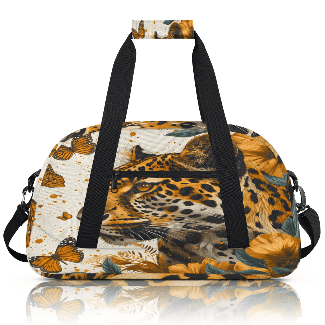 Herdesigns Leopard Sports Duffle Bag for Women & Men, Butterfly Leopard Print Gym Bag Dance Bag Overnight Bag Carry On Weekender Travel Bag