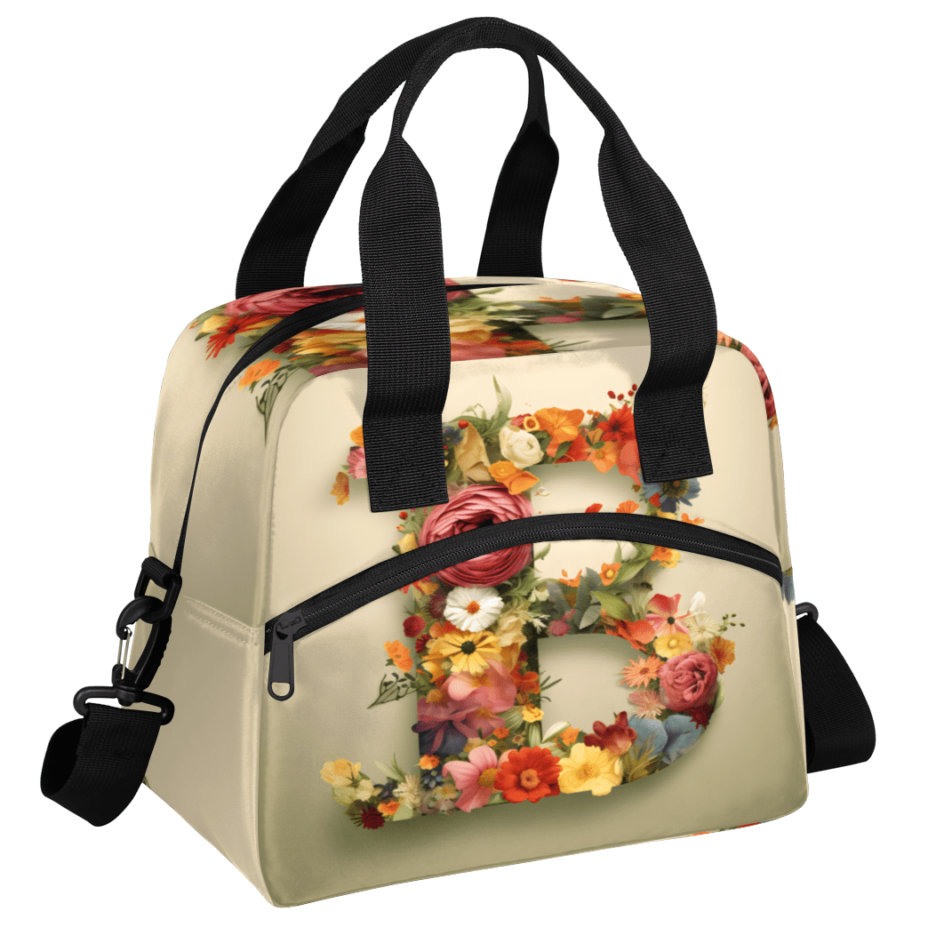Herdesigns Letter B Insulated Lunch Bag for Women Men Adults Large Reusable Lunch Box Flower Letter B Leakproof Cooler Tote Bags with Adjustable Shoulder Strap