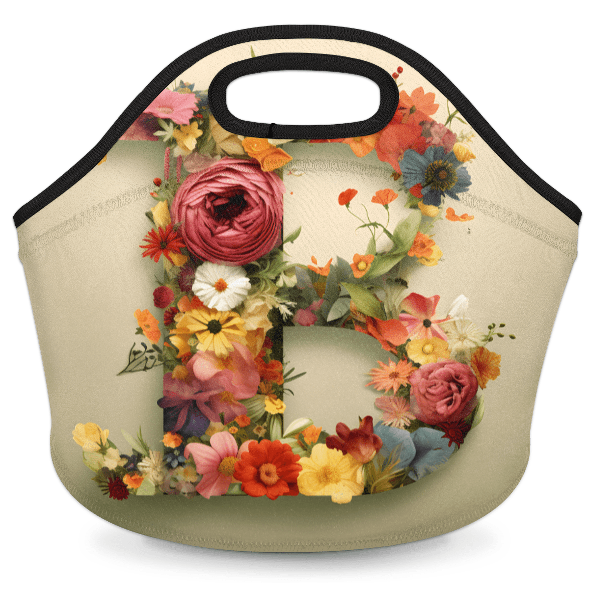 Herdesigns Letter B Neoprene Lunch Bag, Flower Letter B Insulated Lunch Box for Women Men Washable Lunch Tote Soft Lunch Container With Zipper for Work Picnic Travel