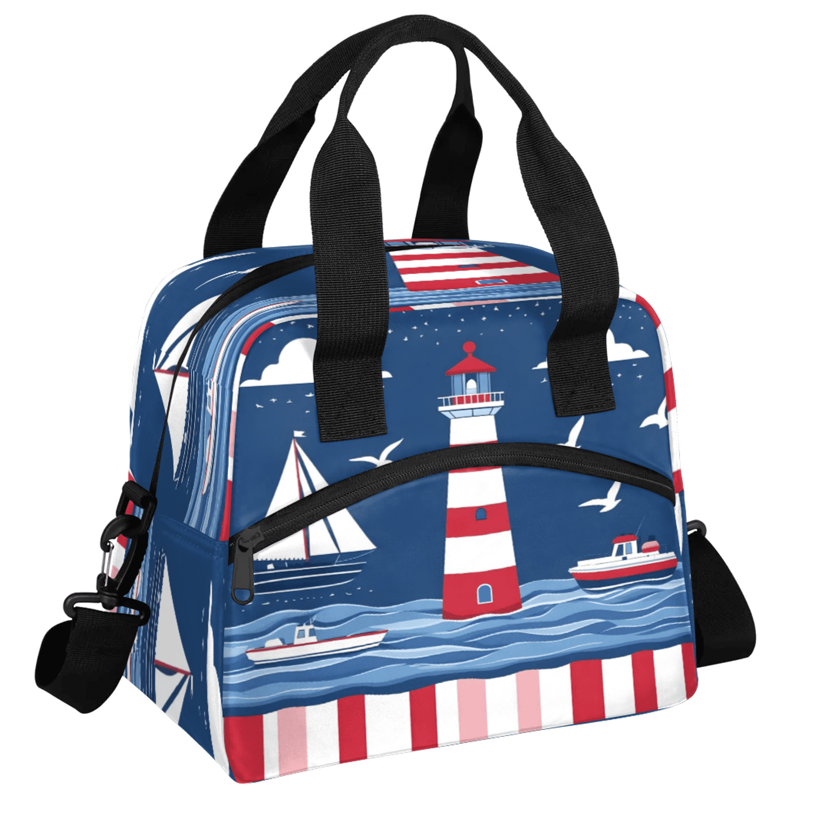 Herdesigns Lighthouse Lunch Bag for Women Men Adult, Ocean Beach Theme Large Insulated Reusable Lunch Box Leakproof Portable Cooler Tote Bags for Work Picnic Beach