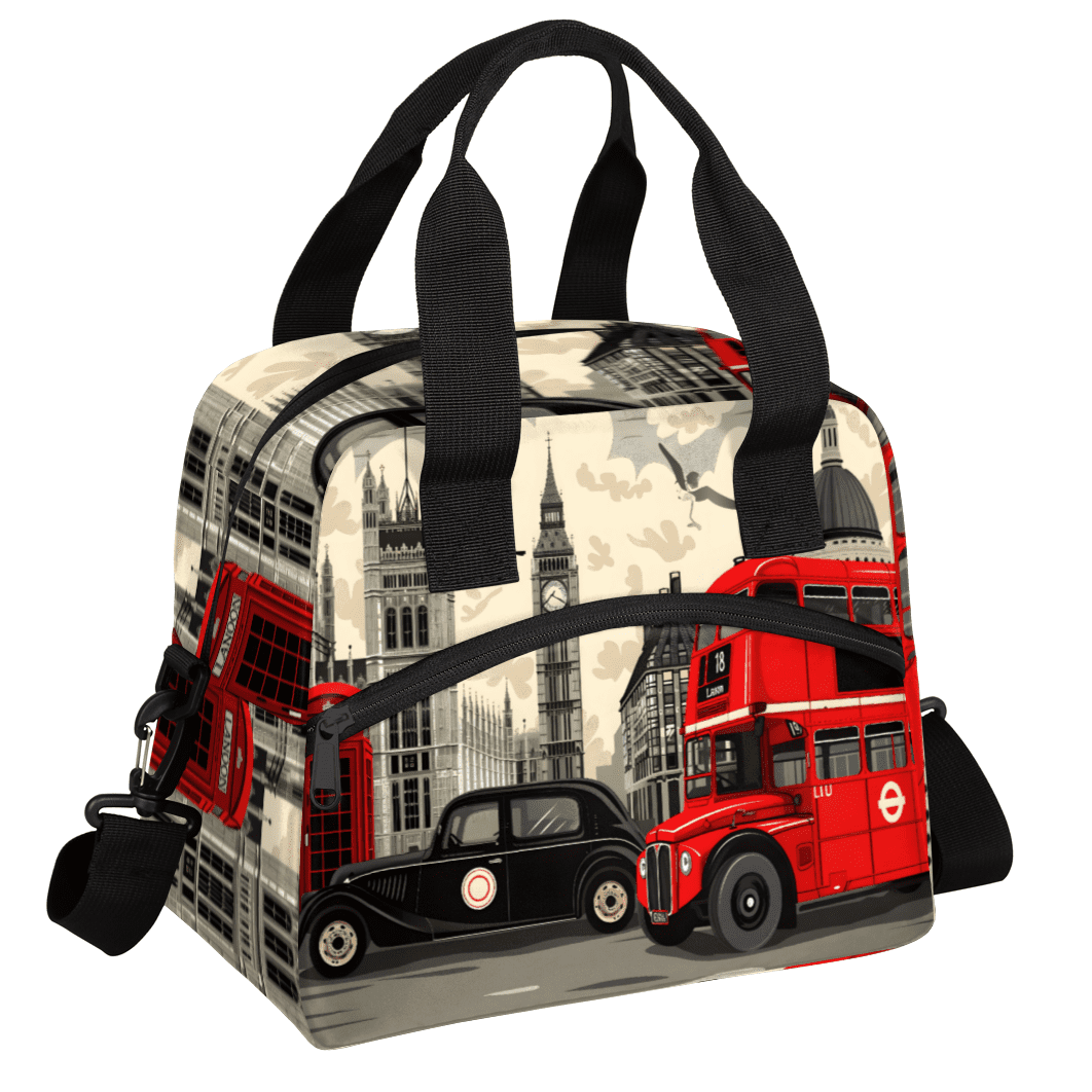 Herdesigns London Big Ben Insulated Lunch Bag for Women Men Adults Large Reusable Lunch Box Britain Telephone Booth City Leakproof Cooler Tote Bags with Adjustable Shoulder Strap