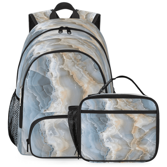 Herdesigns Marble Abstract White Large Backpack Set with Lunch Box Lightweight Water Resistant Travel Laptop Backpacks Casual Daypacks for Women Men