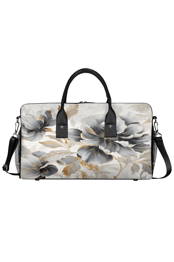 Marble Flower Gym Bag for Women Men, Travel Duffle Bag Lightweight Waterproof Carry on Weekender Overnight Tote for Dance Cheer Sport, Gray and Black Floral