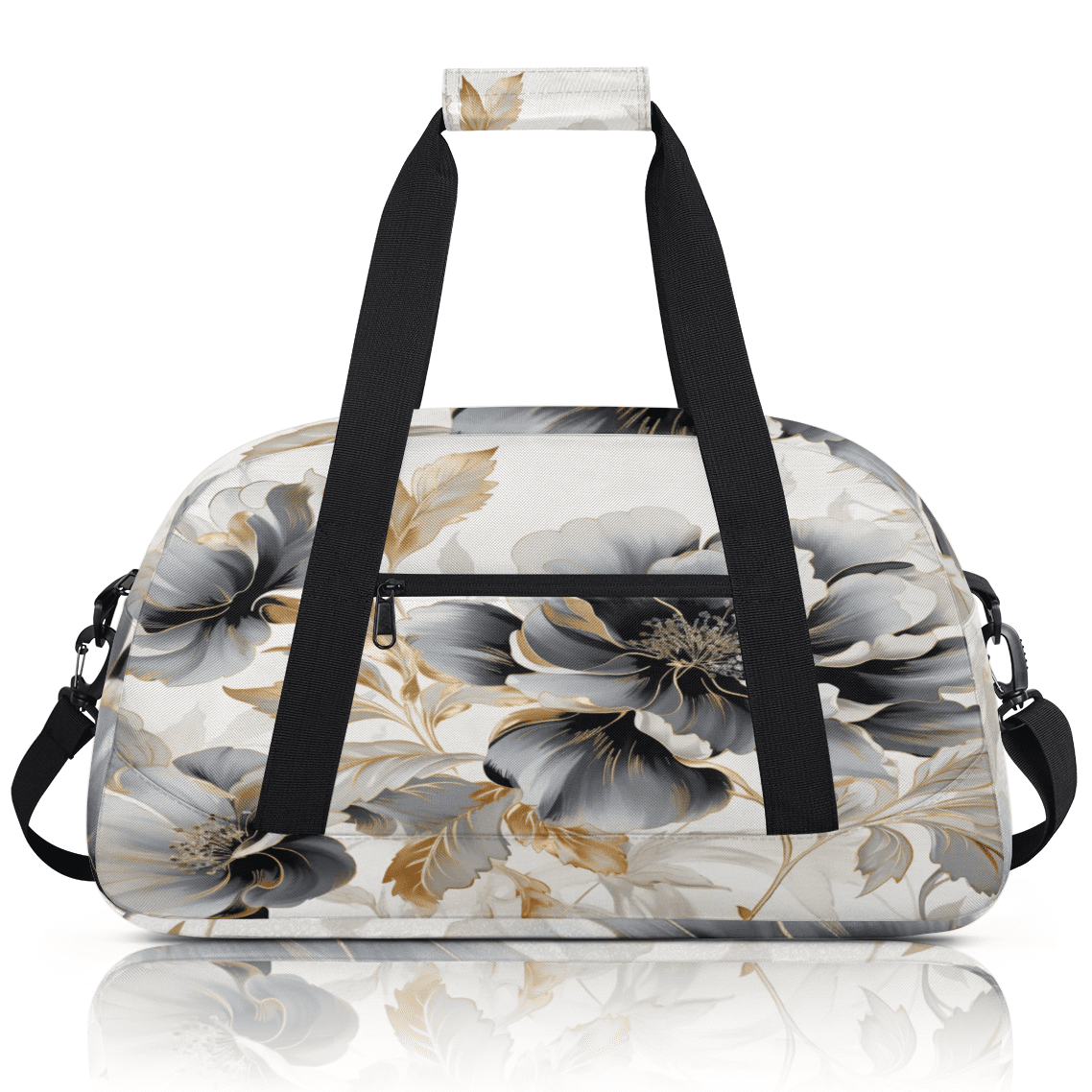 Herdesigns Marble Flower Sports Duffle Bag for Women & Men, Gray and Black Floral Gym Bag Dance Bag Overnight Bag Carry On Weekender Travel Bag