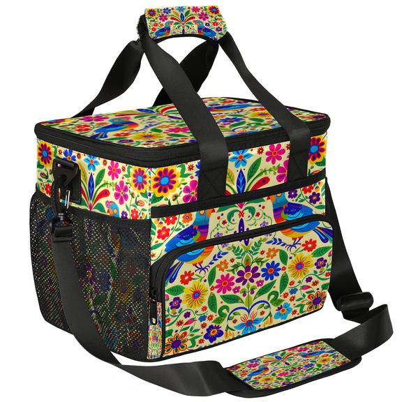Herdesigns Mexican Mexico Style Floral Bird Large Lunch Box for Adults Women Men with Adjustable Shoulder Strap, Insulated Reusable Lunch Bag Leakproof Cooler Tote Bag