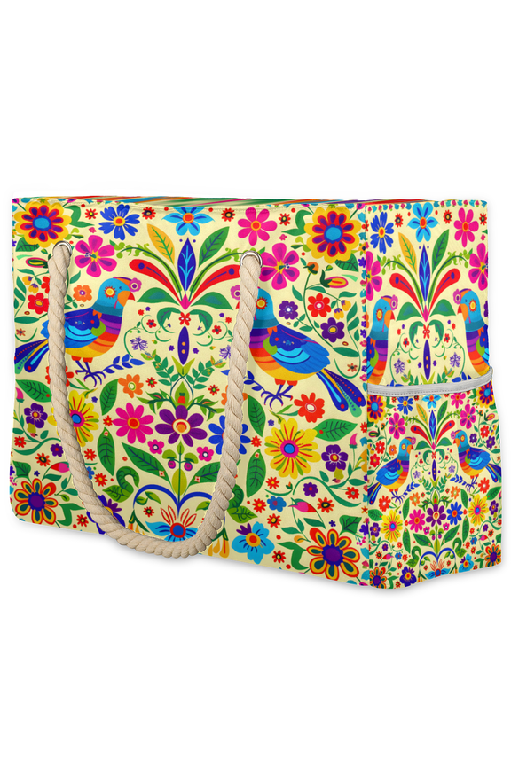 Mexican Mexico Style Floral Bird Tote Beach Bag for Women Ladies Large Zipper Beach Bags Waterproof Sandproof Summer Gym Swim Pool Travel Bag