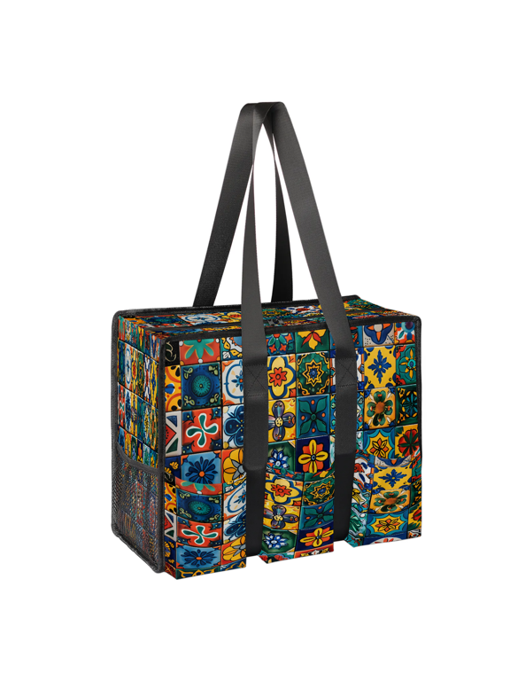 Mexican Talavera Ceramic Tile Large Tote Bag for Women with Zipper, Water Resistant Tote Bag for Working Women, Teachers, Nurses, Foldable Handbag for Travel Shopping Beach