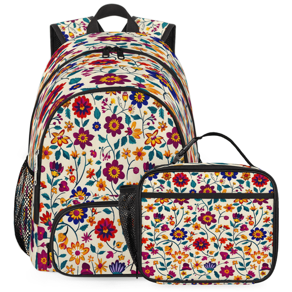 Herdesigns Mexico Floral Colorful Ornate Ethnic Large Backpack Set with Lunch Box Lightweight Water Resistant Travel Laptop Backpacks Casual Daypacks for Women Men