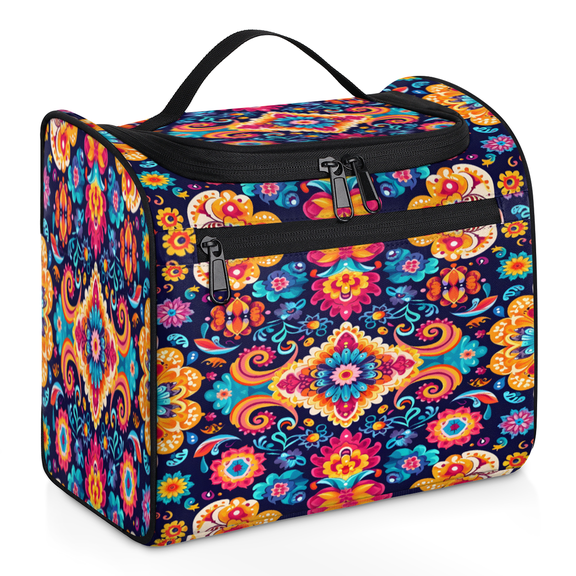 Herdesigns Mexico Floral Large Travel Toiletry Bag with Hanging Hook for Women Men, Mandala Makeup Cosmetic Organizer for Accessories