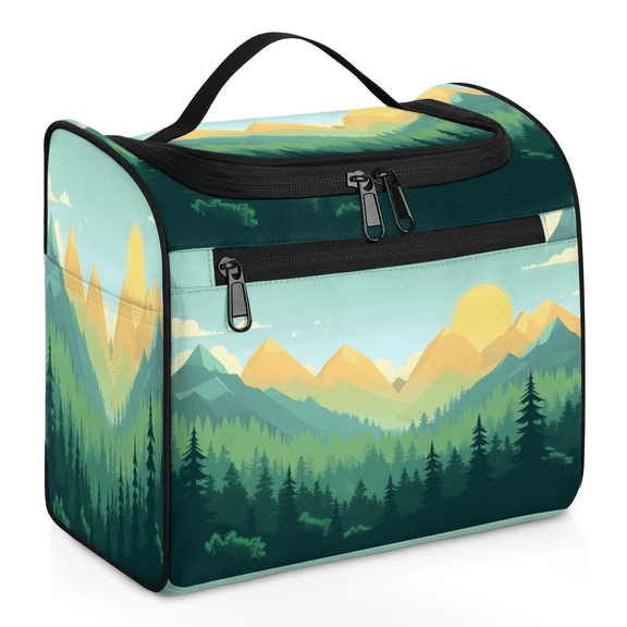 Herdesigns Mountain Forest Large Travel Toiletry Bag with Hanging Hook for Women Men, Green Tree Makeup Cosmetic Organizer for Accessories