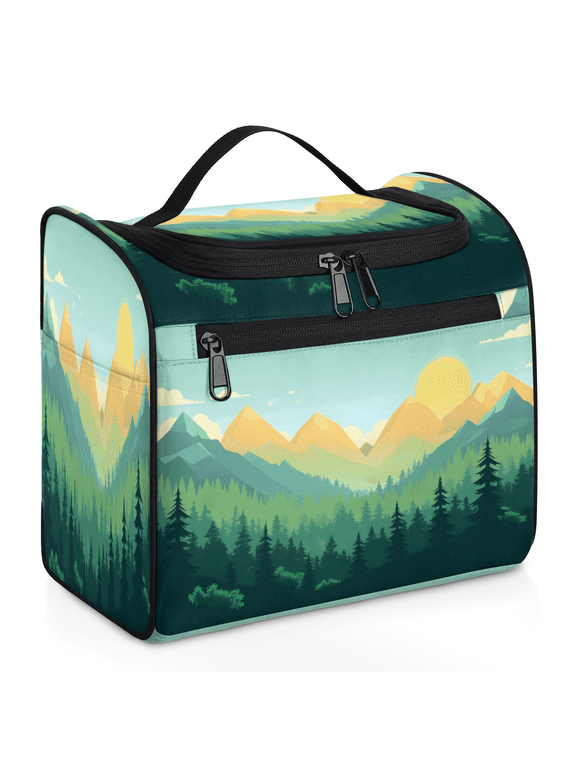 Mountain Forest Large Travel Toiletry Bag with Hanging Hook for Women Men, Green Tree Makeup Cosmetic Organizer for Accessories