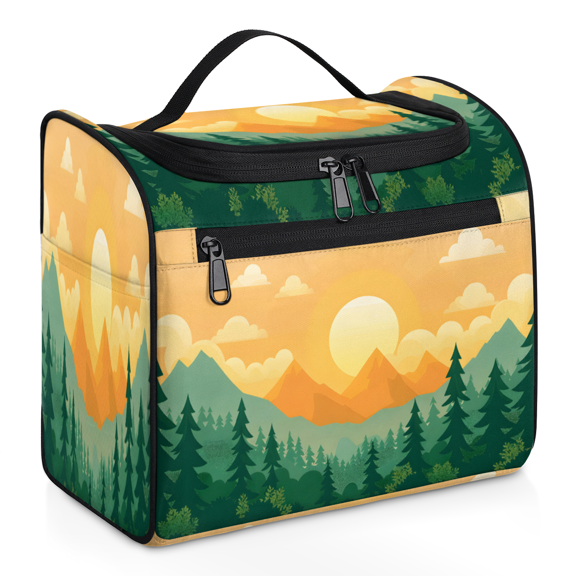 Herdesigns Mountain Forest Large Travel Toiletry Bag with Hanging Hook for Women Men, Sunset Makeup Cosmetic Organizer for Accessories