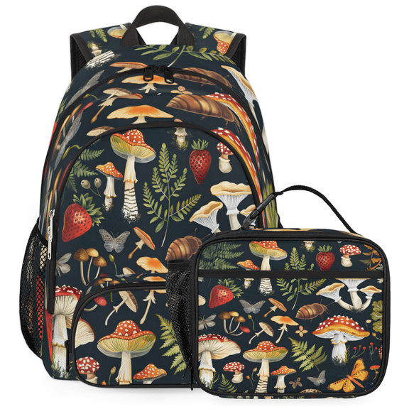 Herdesigns Mushroom Large Backpack Set with Lunch Box Lightweight Water Resistant Travel Laptop Backpacks Casual Daypacks for Women Men