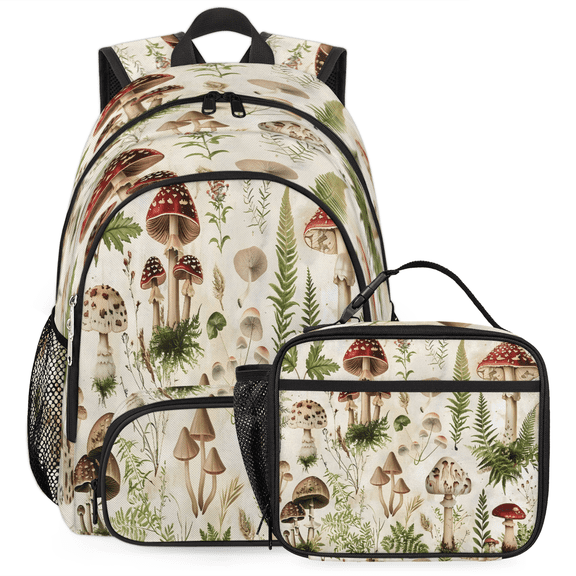 Herdesigns Mushroom Plants Ferns Large Backpack Set with Lunch Box Lightweight Water Resistant Travel Laptop Backpacks Casual Daypacks for Women Men