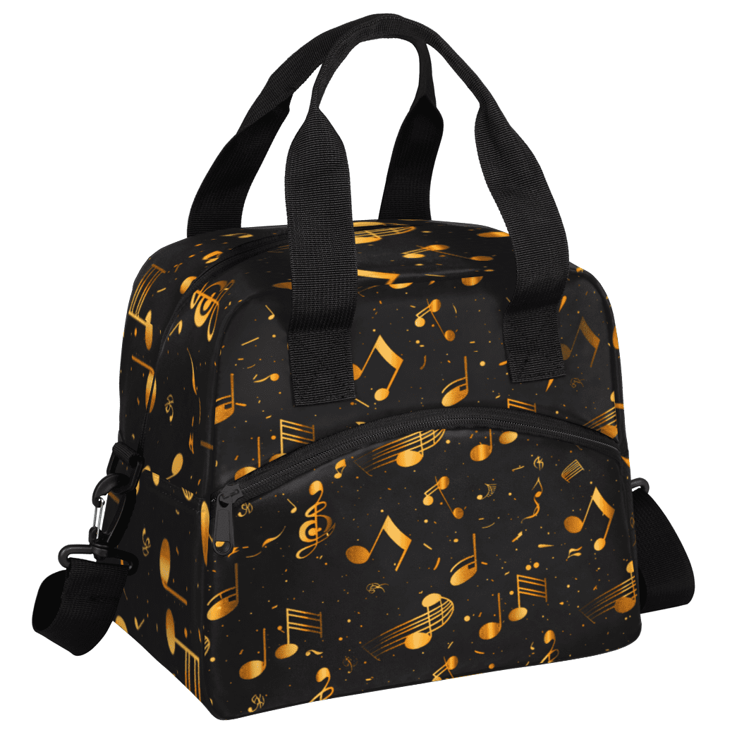 Herdesigns Music Insulated Lunch Bag for Women Men Adults Large Reusable Lunch Box Gold and Black Musical Notes Leakproof Cooler Tote Bags with Adjustable Shoulder Strap