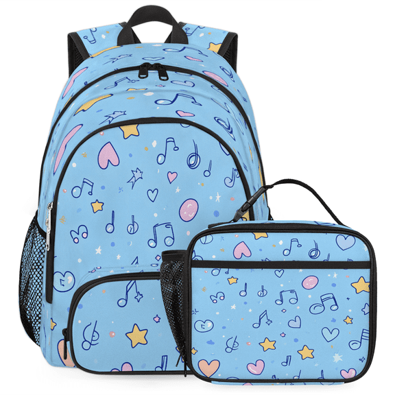 Herdesigns Music Notes Backpack with Lunch Box Love Star Lightweight Large Travel Work Laptop Backpacks Set Casual Daypacks