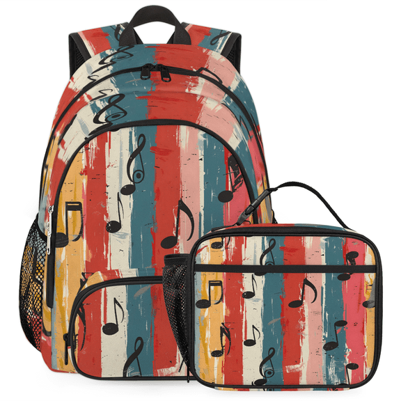 Herdesigns Music Notes Stripes Large Backpack Set with Lunch Box Lightweight Water Resistant Travel Laptop Backpacks Casual Daypacks for Women Men