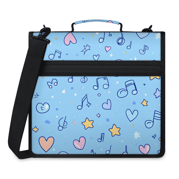 Herdesigns Music Notes Zipper Binder 1.5 Inch 3 D-Rings with Shoulder Strap & Handle, Waterproof Love Star Binder Organizer Bag for 13 Inch Laptop