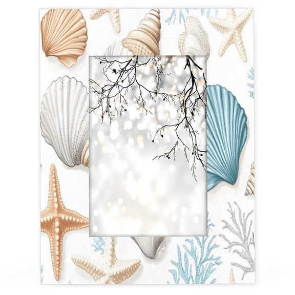 Herdesigns Nautical Coastal 5x7 Picture Frame, Starfish Seashell Coral Wood Photo Frame for Living Room Bedroom, Vertical & Horizontal Display