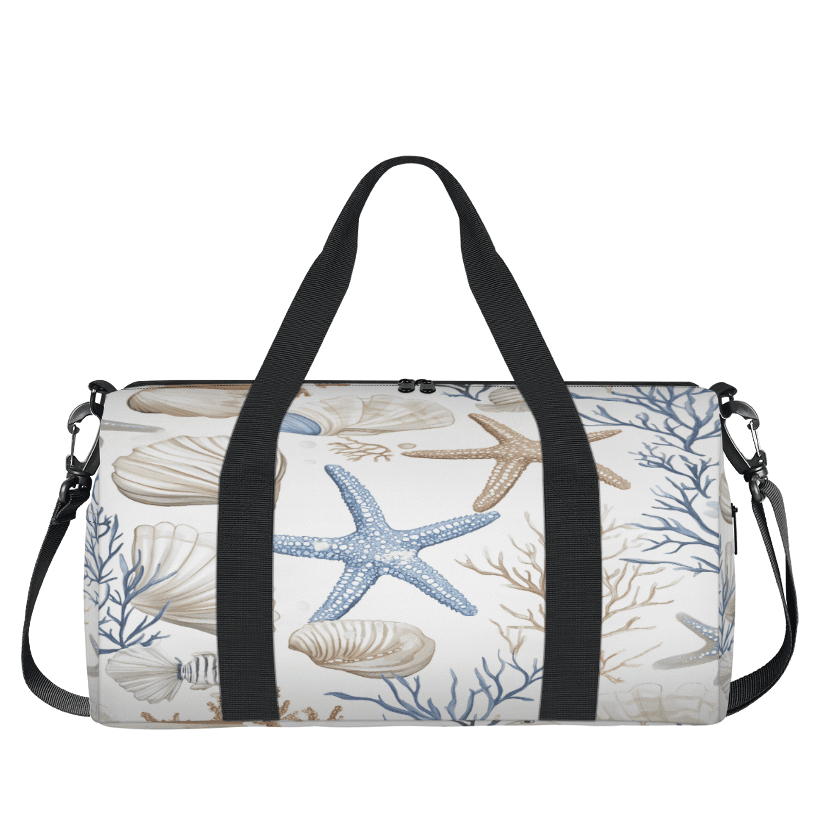 Herdesigns Nautical Coastal Gym Bag for Women, Ocean Beach Seashell Starfish Themed Duffle Bag for Travel Sport, Lightweight Waterproof Carry on Weekender Overnight Dance Yoga Workout Bags