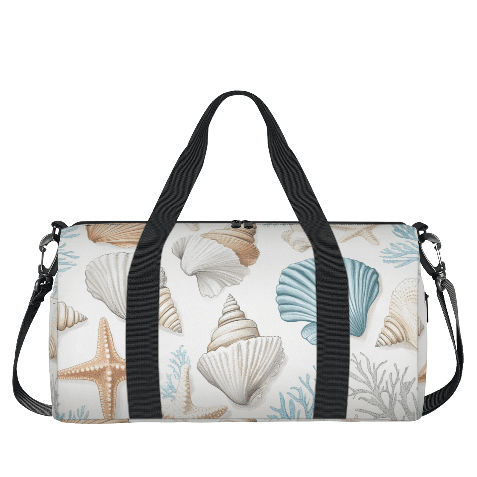 Herdesigns Nautical Coastal Gym Bag for Women, Starfish Seashell Coral Duffle Bag for Travel Sport, Lightweight Waterproof Carry on Weekender Overnight Dance Yoga Workout Bags