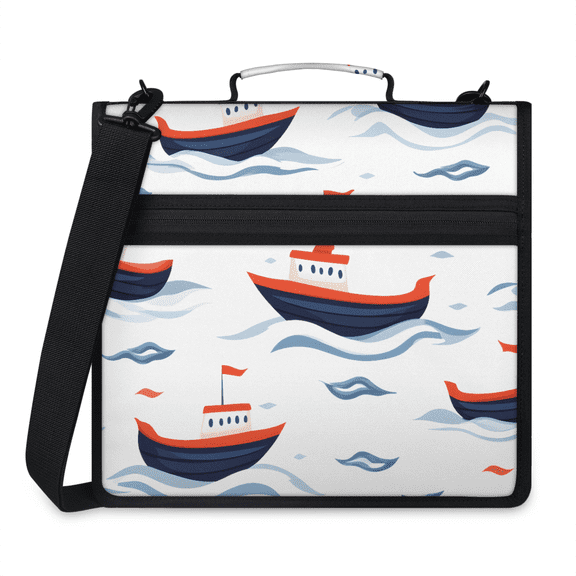 Herdesigns Nautical Coastal Zipper Binder 1.5 Inch 3 D-Rings with Shoulder Strap & Handle, Waterproof Sailboat Binder Organizer Bag for 13 Inch Laptop