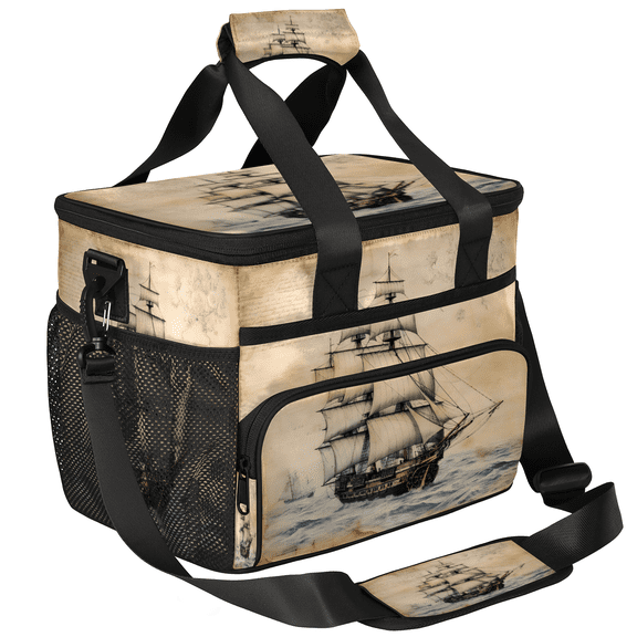 Herdesigns Nautical Ocean Pirate Ship Large Lunch Box for Adults Women Men with Adjustable Shoulder Strap, Insulated Reusable Lunch Bag Leakproof Cooler Tote Bag