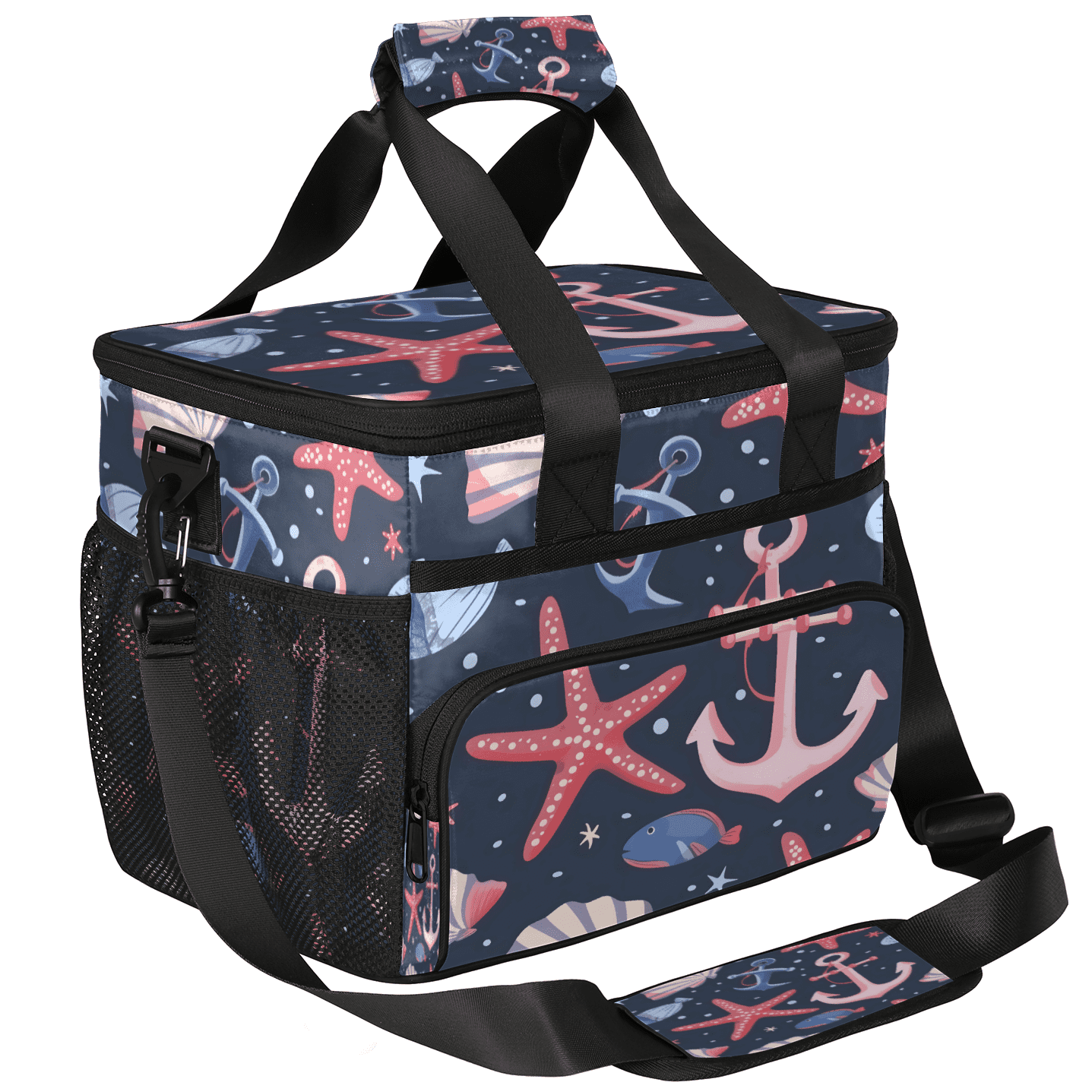 Herdesigns Nautical Starfish Shell Anchor Large Lunch Box for Adults Women Men with Adjustable Shoulder Strap, Insulated Reusable Lunch Bag Leakproof Cooler Tote Bag