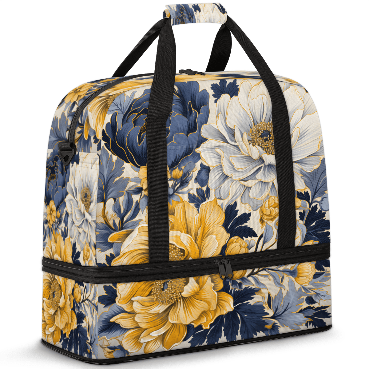 Herdesigns Navy Blue Floral Foldable Travel Duffle Bag for Women and Men Lightweight Carry On Overnight Bag Yellow Flowers Gym Luggage Weekender Bags with Shoe Compartment