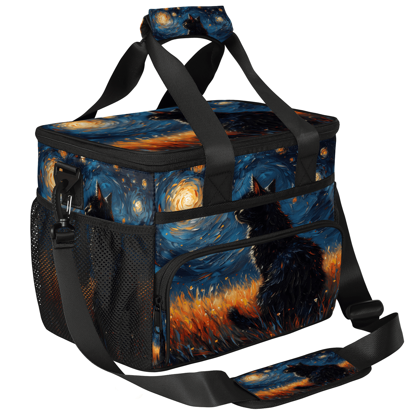 Herdesigns Night Black Cat Large Lunch Box for Adults Women Men with Adjustable Shoulder Strap, Insulated Reusable Lunch Bag Leakproof Cooler Tote Bag