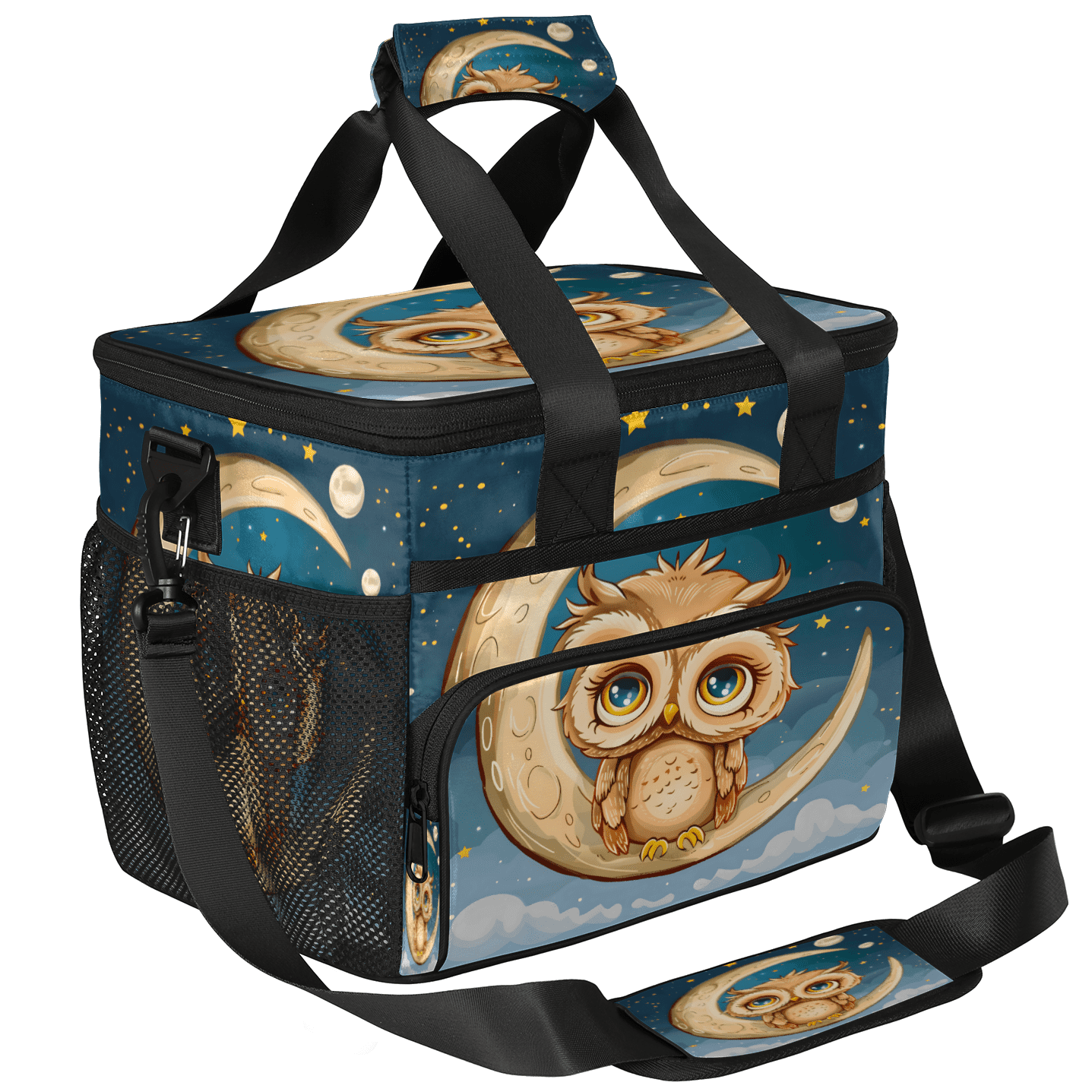 Herdesigns Night Moon Owl Large Lunch Box for Adults Women Men with Adjustable Shoulder Strap, Insulated Reusable Lunch Bag Leakproof Cooler Tote Bag