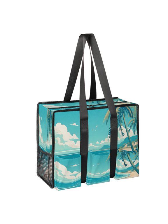 Ocean Beac Large Tote Bag for Women with Zipper, Palm Tree Waterproof Handbag Shoulder Bag for Teacher Nurse Work Shopping Travel Beach
