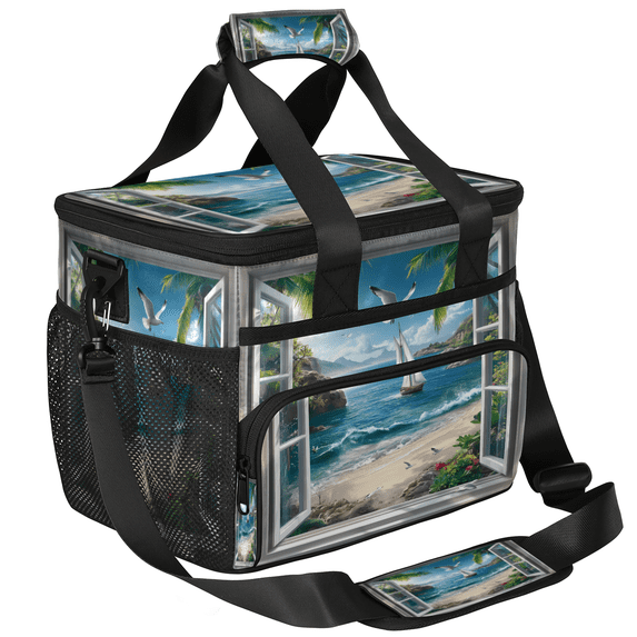 Herdesigns Ocean Beach Large Insulated Lunch Box for Adults Women Men with Adjustable Shoulder Strap, Summer Theme Reusable Cooler Lunch Bag for Offices Picnic Hiking Beach