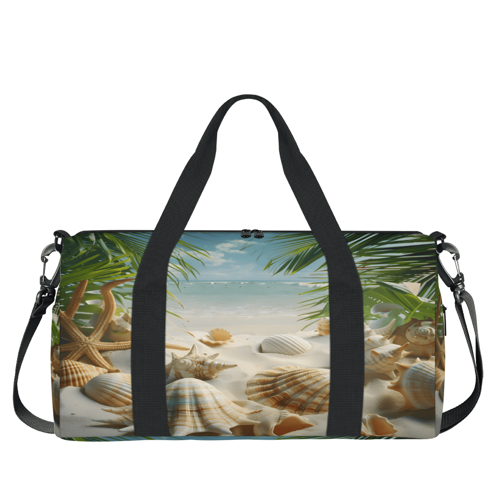 Herdesigns Ocean Beach Seashell Palm Tree Gym Bag for Women, Duffle Bag for Travel Sport, Lightweight Waterproof Carry on Weekender Overnight Dance Yoga Workout Bags